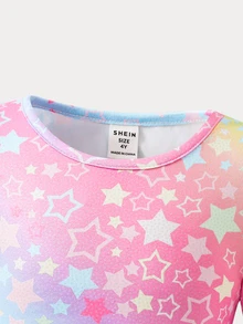 SHEIN 女童小女孩針織星星圖案圓領抓皺休閒T恤與修身喇叭長褲2件套 - 粉色 - 查看 5