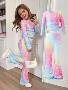 SHEIN 女童小女孩針織星星圖案圓領抓皺休閒T恤與修身喇叭長褲2件套 - 粉色 - 查看 7