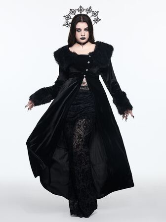 Goth Style Plus Size Fur Collar Open Front Sleeve Patchwork Gold Velvet Long Sleeve Jacket Halloween