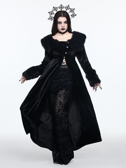 Goth Style Plus Size Fur Collar Open Front Sleeve Patchwork Gold Velvet Long Sleeve Jacket Halloween