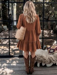 LanaWest Gaun Pendek Kasual Liburan Wanita dengan Motif Renda dan Patchwork - Coffee Brown - View 2