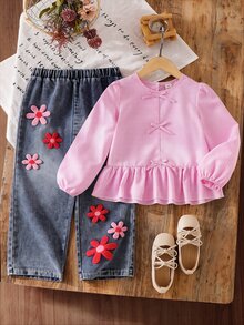 Elladie kids 甜美鄉村風秋季女童幼兒蝴蝶結粉色條紋長袖上衣與刺繡花卉裝飾牛仔褲2件套，適合秋季日常購物與外出穿著 - 粉色 - 查看 11