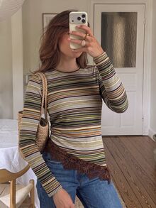 Serisse Women's Retro Striped Lace Side Slit Long Sleeve T-Shirt,Autumn Outfits For Women,Casual Blouses For Ladies,Cute Top,Going Out Tops,Striped Top - Brown - View 6