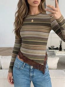 Serisse Women's Retro Striped Lace Side Slit Long Sleeve T-Shirt,Autumn Outfits For Women,Casual Blouses For Ladies,Cute Top,Going Out Tops,Striped Top - Brown - View 4