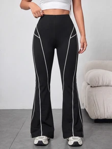 Easithlete Women's Contrast Stitching Sport Long Pants - Black - View 8