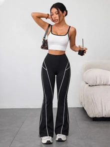 Easithlete Women's Contrast Stitching Sport Long Pants - Black - View 5
