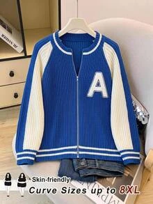 SHEIN CURVE+ Plus Size Women's Casual Baggy Streetwear Traditional Preppy Knit Cardigan New Color Back To School Season Formal Club Graduation Evening Blue Autumn - Blue and White - View 1