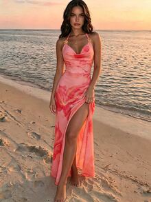 SHEIN 優雅熱帶風情性感夏季度假海灘度假女款垂領露背飄逸透視洋裝 粉色花卉 - 粉色 - 查看 6