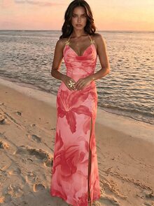 SHEIN 優雅熱帶風情性感夏季度假海灘度假女款垂領露背飄逸透視洋裝 粉色花卉 - 粉色 - 查看 5