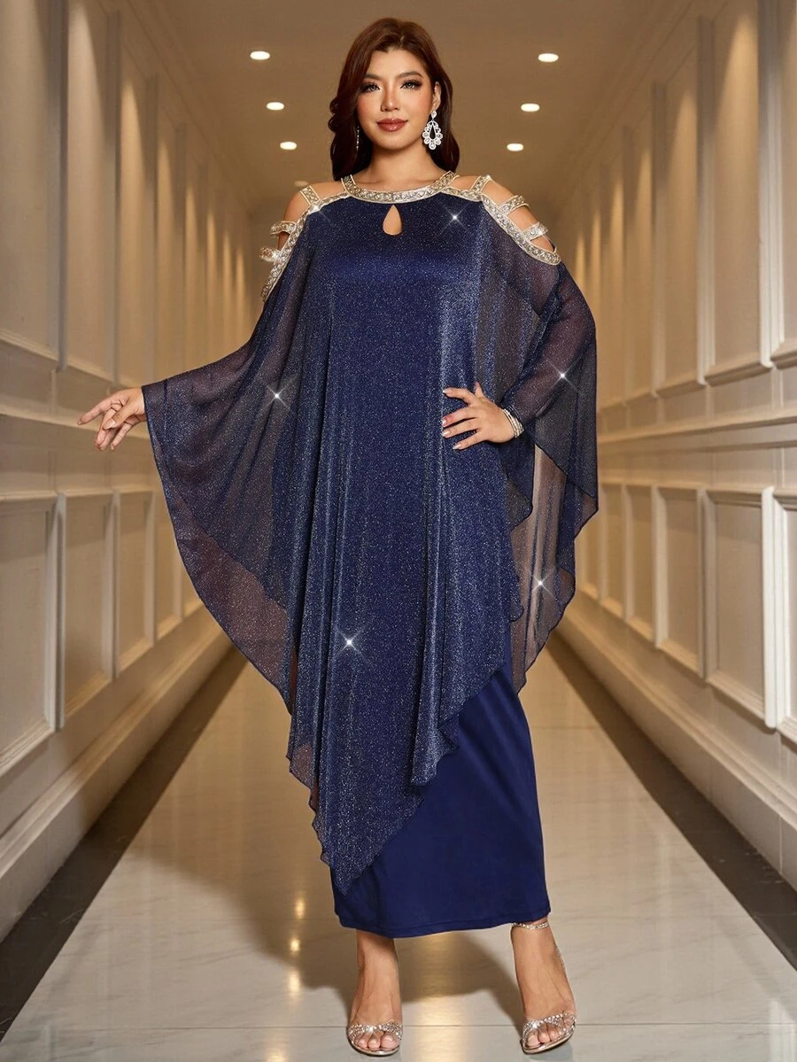 Reflora Women's Plus Size Batwing Sleeve Asymmetrical Hem Dress Wedding Formal Evening Blue Sequin Summer Elegant