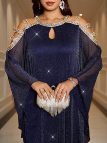 Reflora 女款大尺碼蝙蝠袖不對稱下擺洋裝 婚禮正式晚宴藍色亮片夏季優雅 - 藍色 - 查看 3