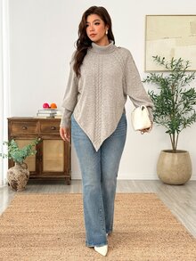 Weeklong Plus Size Knitted Khaki High Neck Pullover Batwing Sleeve Sweater Casual Comfortable - Khaki - View 6