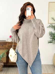 Weeklong Plus Size Knitted Khaki High Neck Pullover Batwing Sleeve Sweater Casual Comfortable - Khaki - View 8