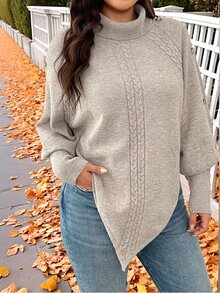 Weeklong Plus Size Knitted Khaki High Neck Pullover Batwing Sleeve Sweater Casual Comfortable - Khaki - View 1