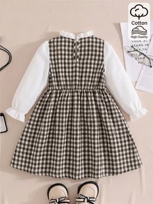 SHEIN Elladie kids Young Girls Preppy Plaid 2 In 1 Dress Ruffle Collar Bow Decor Long Sleeve Gingham A-Line Skirt For School - Multicolor - View 2
