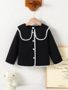 SHEIN Elladie kids 女童法式波浪大翻領全身拼接白色貝殼袖口拼接白色毛絨溫柔百搭秋冬精緻短版外套 - 黑與白 - 查看 4