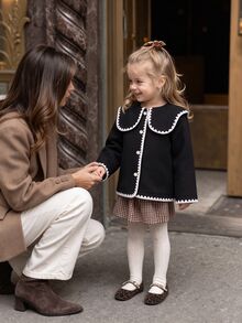 SHEIN Elladie kids 女童法式波浪大翻領全身拼接白色貝殼袖口拼接白色毛絨溫柔百搭秋冬精緻短版外套 - 黑與白 - 查看 3