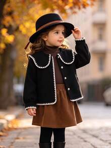 SHEIN Elladie kids 女童法式波浪大翻領全身拼接白色貝殼袖口拼接白色毛絨溫柔百搭秋冬精緻短版外套 - 黑與白 - 查看 1