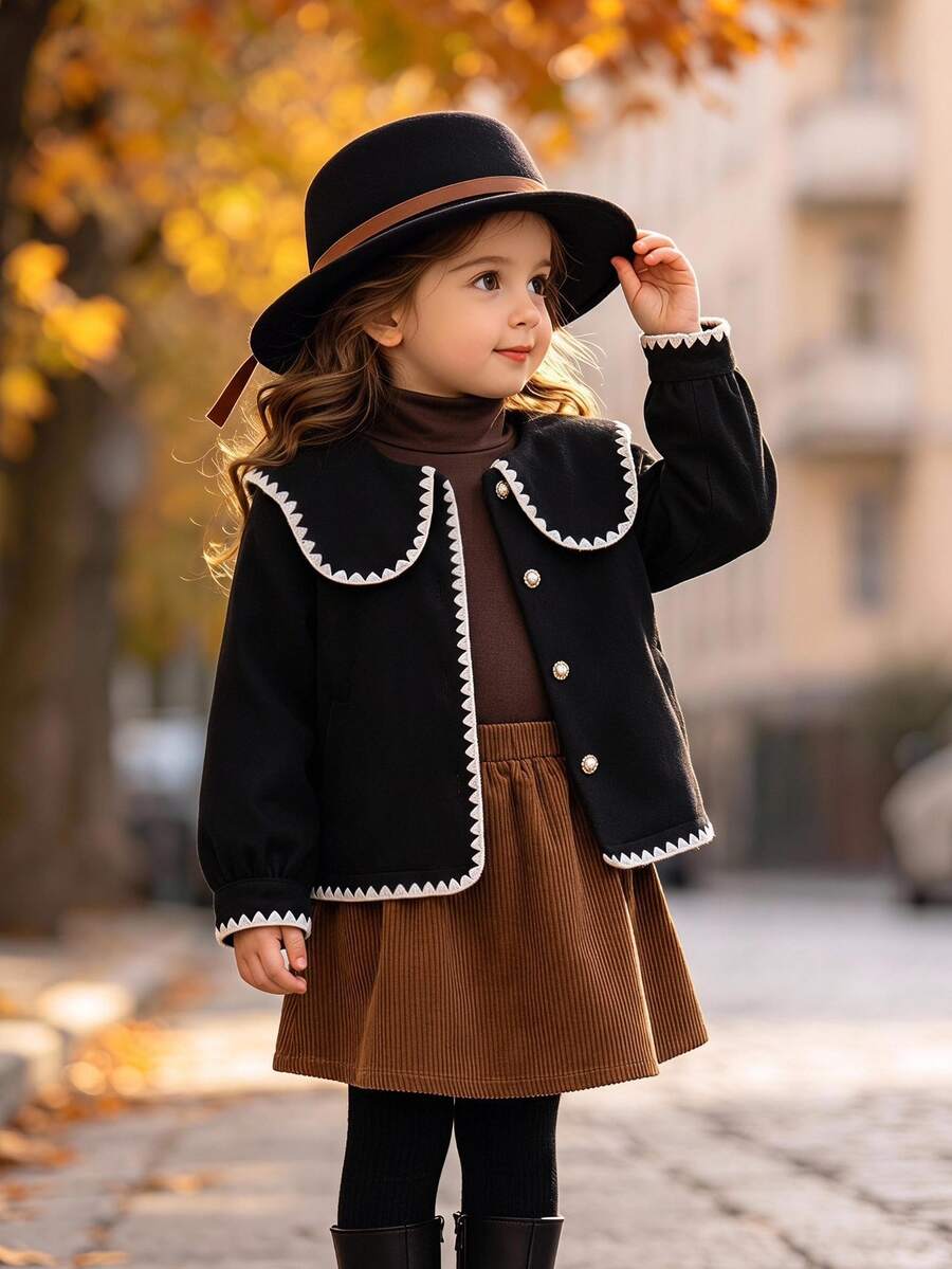 SHEIN Elladie kids 女童法式波浪大翻領全身拼接白色貝殼袖口拼接白色毛絨溫柔百搭秋冬精緻短版外套 - 黑與白 - 查看 1