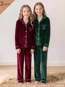 SHEIN Girls Blue Korean Fleece Pocket Knight Embroidery Cardigan Long Sleeve Pants 2 Pieces Pajama Set Fleece-Lined Autumn/Winter - Blue - View 8