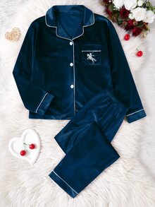 SHEIN Girls Blue Korean Fleece Pocket Knight Embroidery Cardigan Long Sleeve Pants 2 Pieces Pajama Set Fleece-Lined Autumn/Winter - Blue - View 5