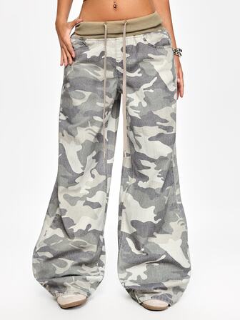 Street Life Plus Size Women's Casual Streetwear Folded Waist Design Loose Wide Leg Camouflage Denim Jeans