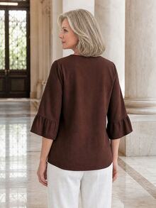 EMERY ROSE Middle-Aged Women Solid Color Round Neck 3/4 Flare Sleeve Blouse - Brown - View 2