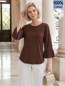 EMERY ROSE Middle-Aged Women Solid Color Round Neck 3/4 Flare Sleeve Blouse - Brown - View 6