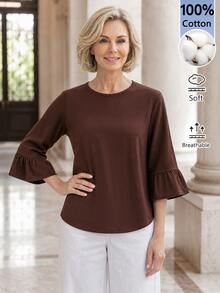 EMERY ROSE Middle-Aged Women Solid Color Round Neck 3/4 Flare Sleeve Blouse - Brown - View 4