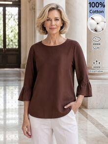 EMERY ROSE Middle-Aged Women Solid Color Round Neck 3/4 Flare Sleeve Blouse - Brown - View 1