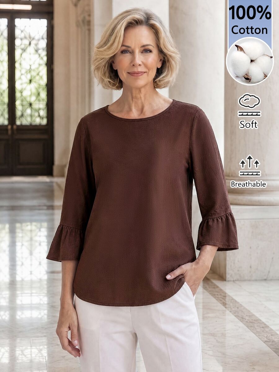EMERY ROSE Middle-Aged Women Solid Color Round Neck 3/4 Flare Sleeve Blouse - Brown - View 1