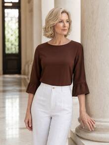 EMERY ROSE Middle-Aged Women Solid Color Round Neck 3/4 Flare Sleeve Blouse - Brown - View 5