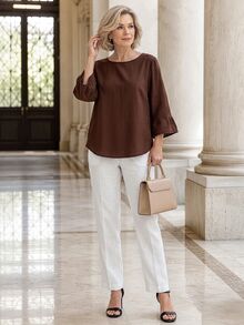EMERY ROSE Middle-Aged Women Solid Color Round Neck 3/4 Flare Sleeve Blouse - Brown - View 3