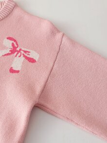 8-12歲女孩蝴蝶結提花針織上衣寬腿長褲兩件套，圓領寬鬆針織上衣長褲，休閒針織套裝，適合秋冬 - 粉色 - 查看 4