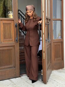 Jeta Ari Women's Simple Solid Color Single-Breasted Blazer And Pants Suit Set, Suitable For Work And Commute - Coffee Brown - View 1