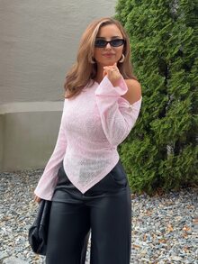 Jeta Ari Sexy Asymmetric Shoulder Textured Fabric Asymmetrical Hem Casual Top - Pink - View 3