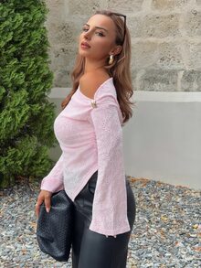 Jeta Ari Sexy Asymmetric Shoulder Textured Fabric Asymmetrical Hem Casual Top - Pink - View 5