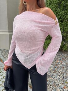 Jeta Ari Sexy Asymmetric Shoulder Textured Fabric Asymmetrical Hem Casual Top - Pink - View 6