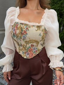 Jeta Ari 印花褶邊燈籠袖襯衫 - 杏色 - 查看 5