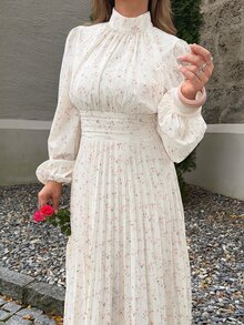 Jeta Ari 女士褶裥立领印花优雅收腰长款派对连衣裙 - 彩色 - 查看 3
