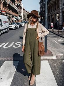 LanaWest Women's Solid Color Pocket Casual Daily Wear Jumpsuit - Army Green - View 6