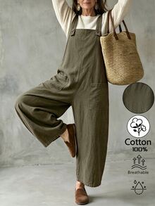 LanaWest Women's Solid Color Pocket Casual Daily Wear Jumpsuit - Army Green - View 4