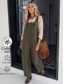 LanaWest Women's Solid Color Pocket Casual Daily Wear Jumpsuit - Army Green - View 3