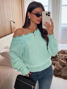 Siren Gaze Women's New Autumn Asymmetric Shoulder Lace Patchwork Sweater - Mint Green - View 9