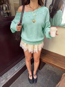 Siren Gaze Women's New Autumn Asymmetric Shoulder Lace Patchwork Sweater - Mint Green - View 6
