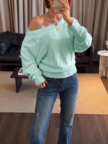 Siren Gaze Women's New Autumn Asymmetric Shoulder Lace Patchwork Sweater - Mint Green - View 7