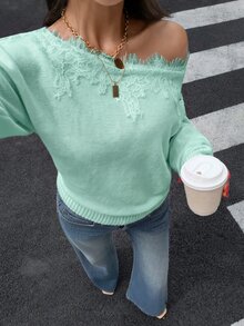 Siren Gaze Women's New Autumn Asymmetric Shoulder Lace Patchwork Sweater - Mint Green - View 4