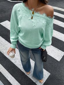 Siren Gaze Women's New Autumn Asymmetric Shoulder Lace Patchwork Sweater - Mint Green - View 5