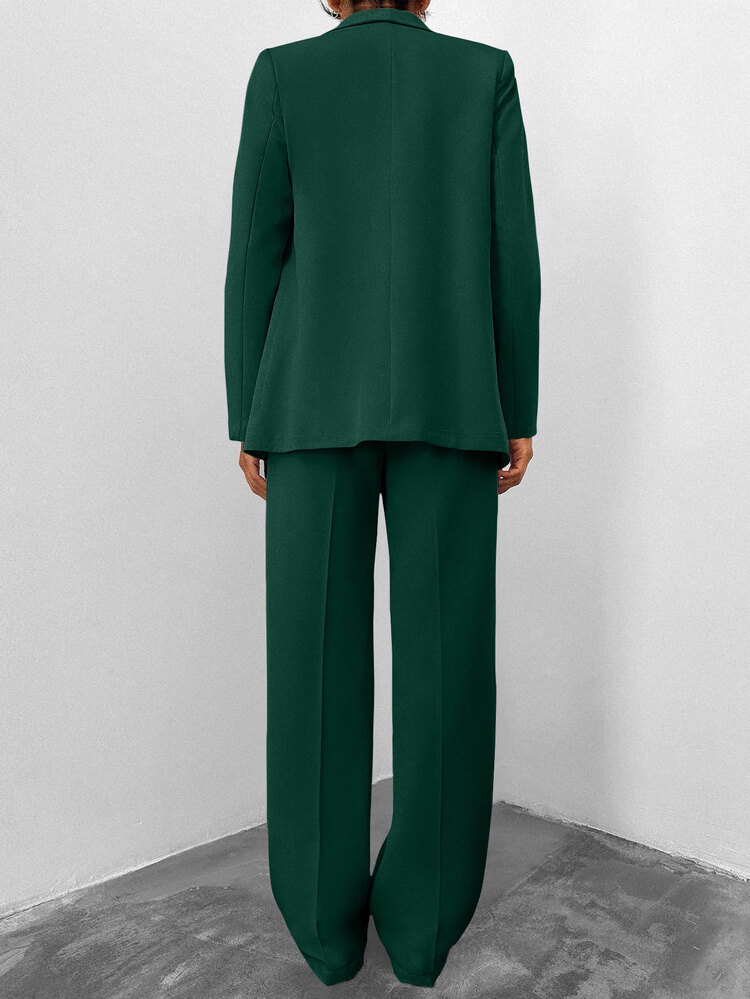SHEIN Petite Size Women's Dark Green Solid Color Shawl Collar Long Sleeve Blazer And High Waist Pants Casual Suit Set With Pocket Details - Dark Green - View 2