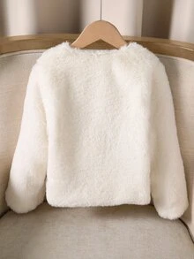 SHEIN Elladie kids Young Girl Elegant Faux Fur Pearl Button Decor Coat Fall Winter - White - View 3
